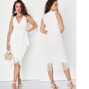 Lulus Always Ravishing White Cotton Eyelet Fringe Tulip Midi Dress Medium NWT